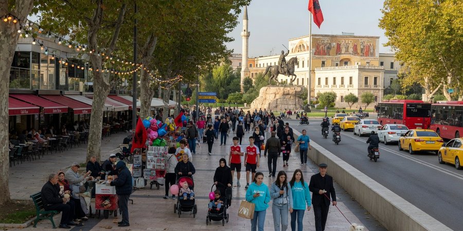 Pedestrians on the boulevard near Skanderbeg Square in central Tirana