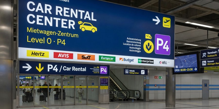 Viyana-Schwechat havalimanında P4 kat 0 Car Rental Center tabelaları