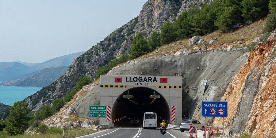 Llogaros tunelio pietinis portalas SH8 kelyje tarp Vlorės ir Sarandos