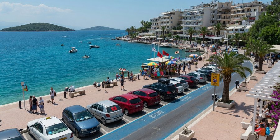 Paseo marítimo de Saranda con coches aparcados en la zona azul en verano