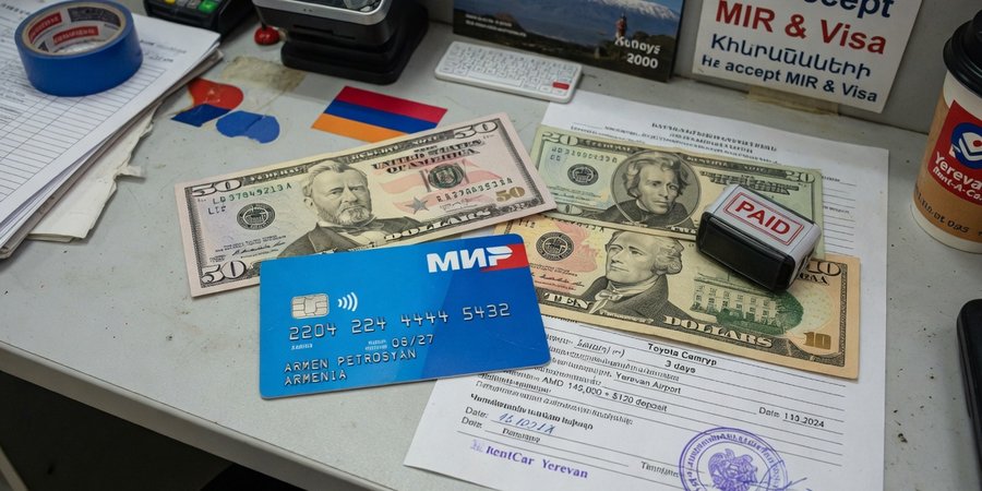 Karta a americké dolary na přepážce autopůjčovny v Jerevanu