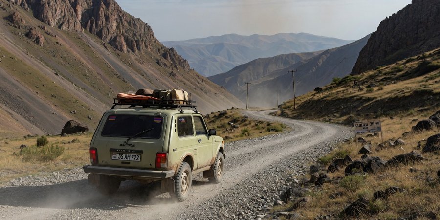 Lada Niva on a gravel road in the Syunik Mountains, Armenia