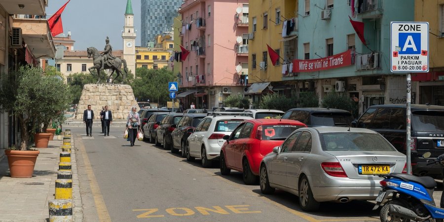 Cars parked in a Zone A street near Skanderbeg Square in central Tirana