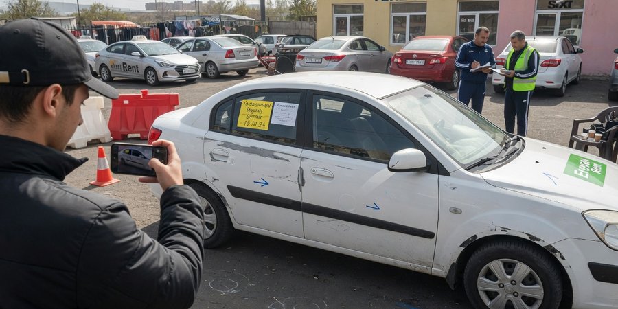 Renter filming the car bodywork at a Yerevan pickup lot