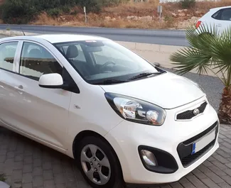 Front view of a rental Kia Picanto on Rhodes, Greece ✓ Car #1477. ✓ Manual TM ✓ 0 reviews.