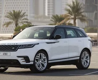 Front view of a rental Land Rover Range Rover Velar in Dubai, UAE ✓ Car #4935. ✓ Automatic TM ✓ 0 reviews.