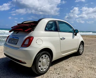 Front view of a rental Fiat 500 Cabrio in Crete, Greece ✓ Car #5591. ✓ Manual TM ✓ 0 reviews.