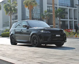 Front view of a rental Land Rover Range Rover Sport in Dubai, UAE ✓ Car #6035. ✓ Automatic TM ✓ 0 reviews.