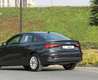 Audi A3 Sedan 2023 automobilio nuoma JAE, savybės ✓ Benzinas degalai ir 225 arklio galios ➤ Nuo 319 AED per dieną.