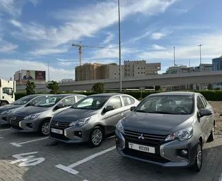 Front view of a rental Mitsubishi Attrage in Dubai, UAE ✓ Car #6650. ✓ Automatic TM ✓ 0 reviews.