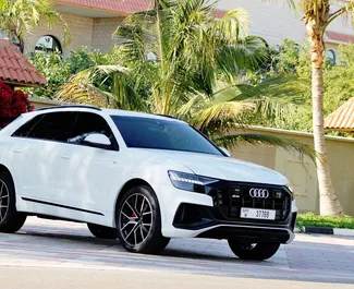 Audi Q8 2021 car hire in the UAE, featuring ✓ Petrol fuel and 335 horsepower ➤ Starting from 950 AED per day.