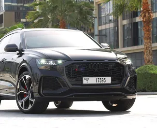 Audi RS Q8 2022 car hire in the UAE, featuring ✓ Petrol fuel and 591 horsepower ➤ Starting from 950 AED per day.