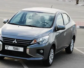 Front view of a rental Mitsubishi Attrage in Dubai, UAE ✓ Car #6647. ✓ Automatic TM ✓ 7 reviews.