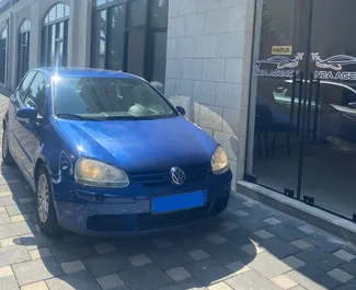Front view of a rental Volkswagen Golf 5 at Tirana airport, Albania ✓ Car #7262. ✓ Manual TM ✓ 1 reviews.