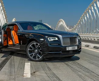 Frontvisning av en leiebil Rolls-Royce Wraith i Dubai, De Forente Arabiske Emirater ✓ Bil #8414. ✓ Automatisk TM ✓ 0 anmeldelser.