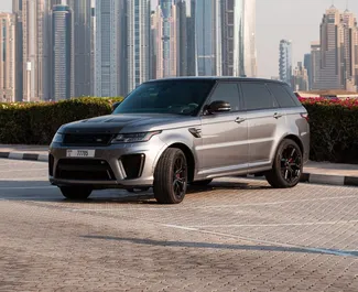 Front view of a rental Land Rover Range Rover Sport SVR in Dubai, UAE ✓ Car #8402. ✓ Automatic TM ✓ 0 reviews.