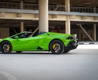 Front view of a rental Lamborghini Huracan Evo Cabrio in Dubai, UAE ✓ Car #8409. ✓ Automatic TM ✓ 0 reviews.