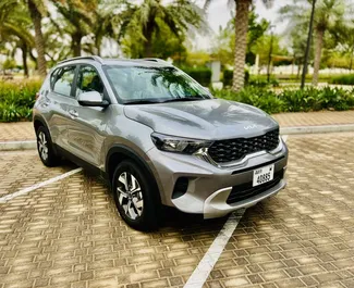 Front view of a rental Kia Sonet at Dubai Al Maktoum Airport, UAE ✓ Car #9116. ✓ Automatic TM ✓ 0 reviews.